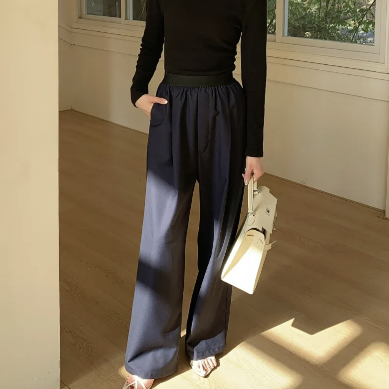 黑色腰頭拼接海軍藍直筒褲長褲-F (Elegant & Love)