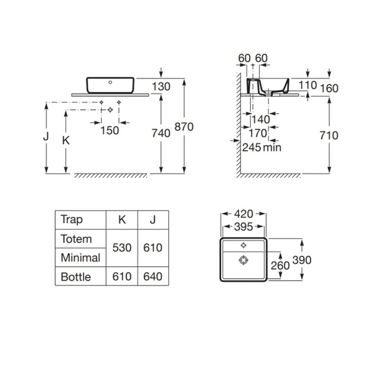 Roca "The Gap Square" 3270MM000 Over countertop basin with overflow & 1 tap hole