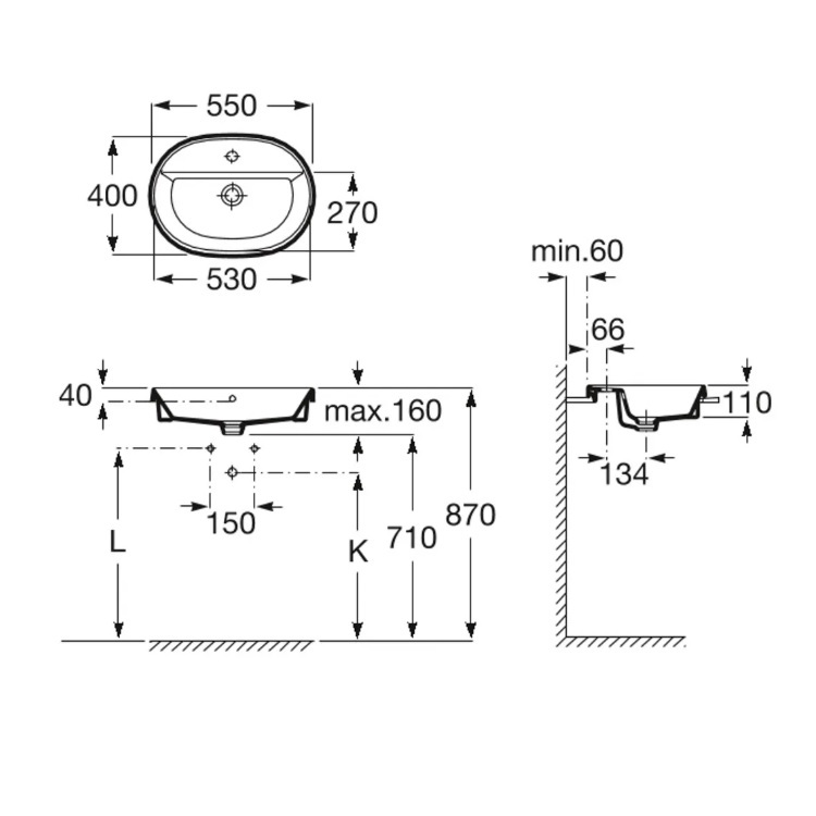 Roca "The Gap Round" 3270Y6000 Semi-Builtin Washbasin, with overflow & 1 tap hole