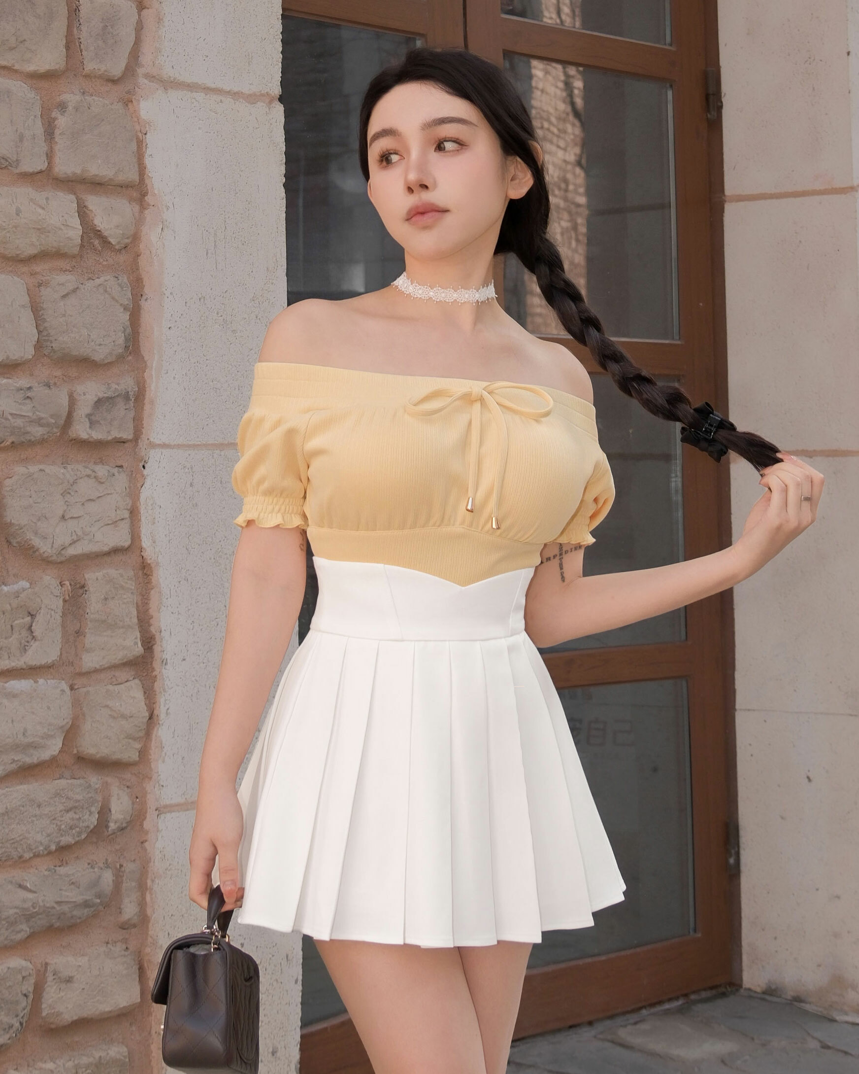 ⭒訂製-甜美一字領綁帶短上衣