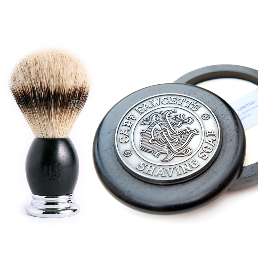 ★ 76折 ★ 黑檀木 特級銀尖獾毛 刮鬍刷 & Captain 菸草琥珀 刮鬍皂 & 刮鬍碗 超值組合