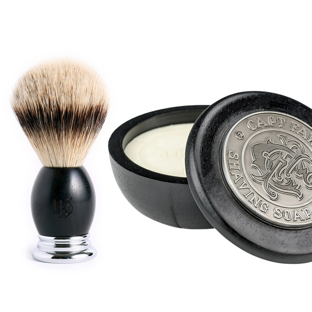 ★ 76折 ★ 黑檀木 特級銀尖獾毛 刮鬍刷 & Captain 菸草琥珀 刮鬍皂 & 刮鬍碗 超值組合