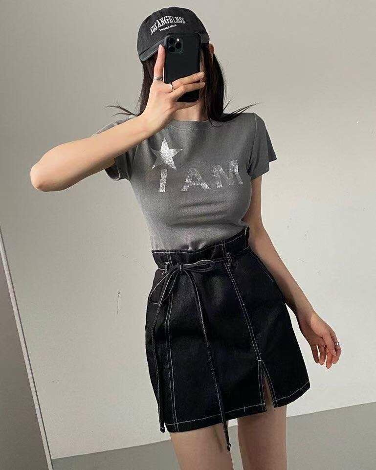 牛仔花苞綁繩短裙