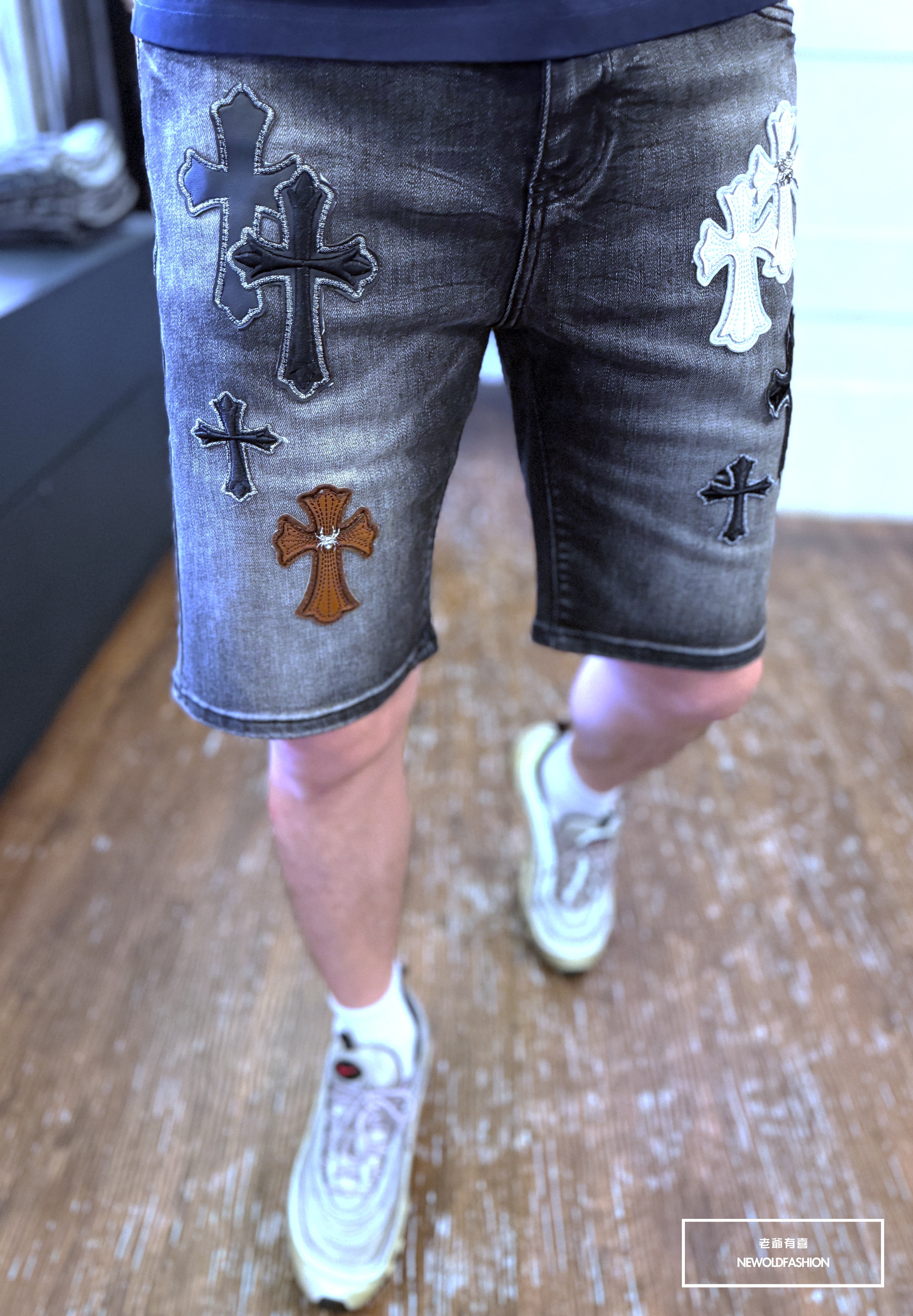 『新品上市』重磅多色十字補丁牛仔短褲(NOF25032036)