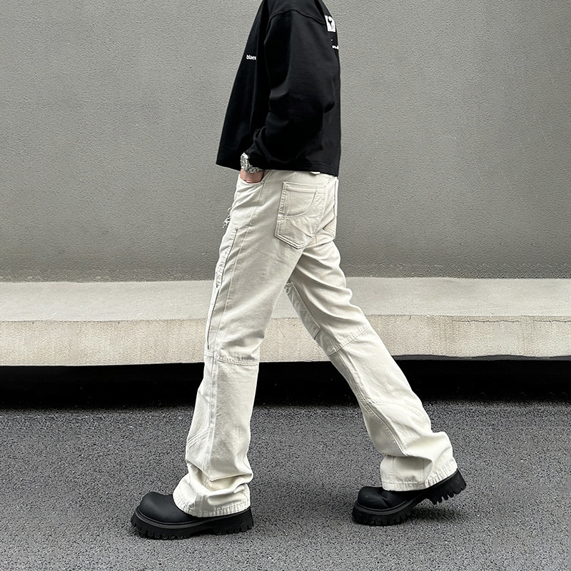 美式米白多口袋丁袋鉚釘工裝喇叭褲