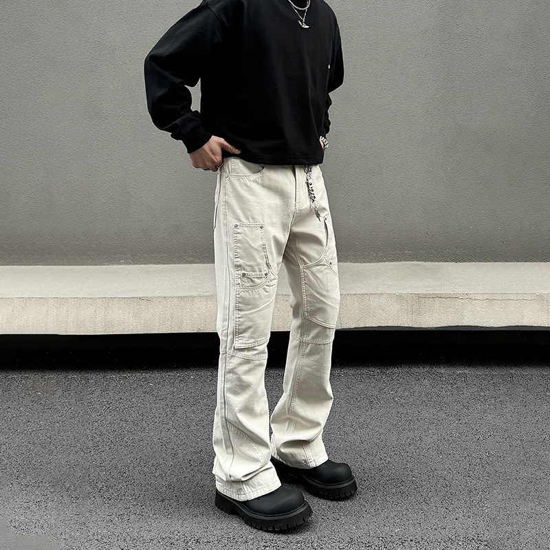 美式米白多口袋丁袋鉚釘工裝喇叭褲