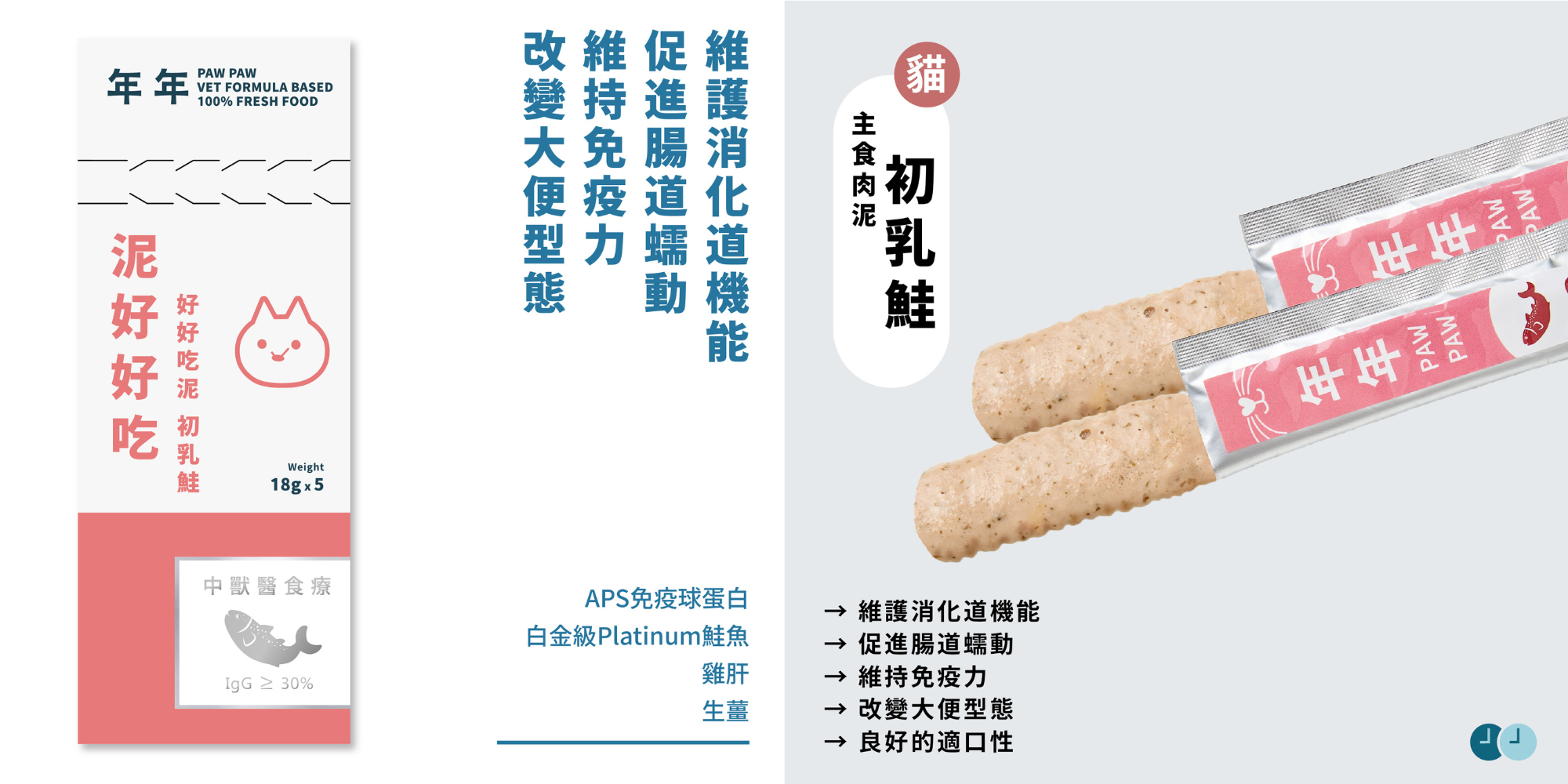 年年PAW PAW科學機能寵物鮮食貓咪主食肉泥「初乳鮭」,幫助貓咪穩定腸胃