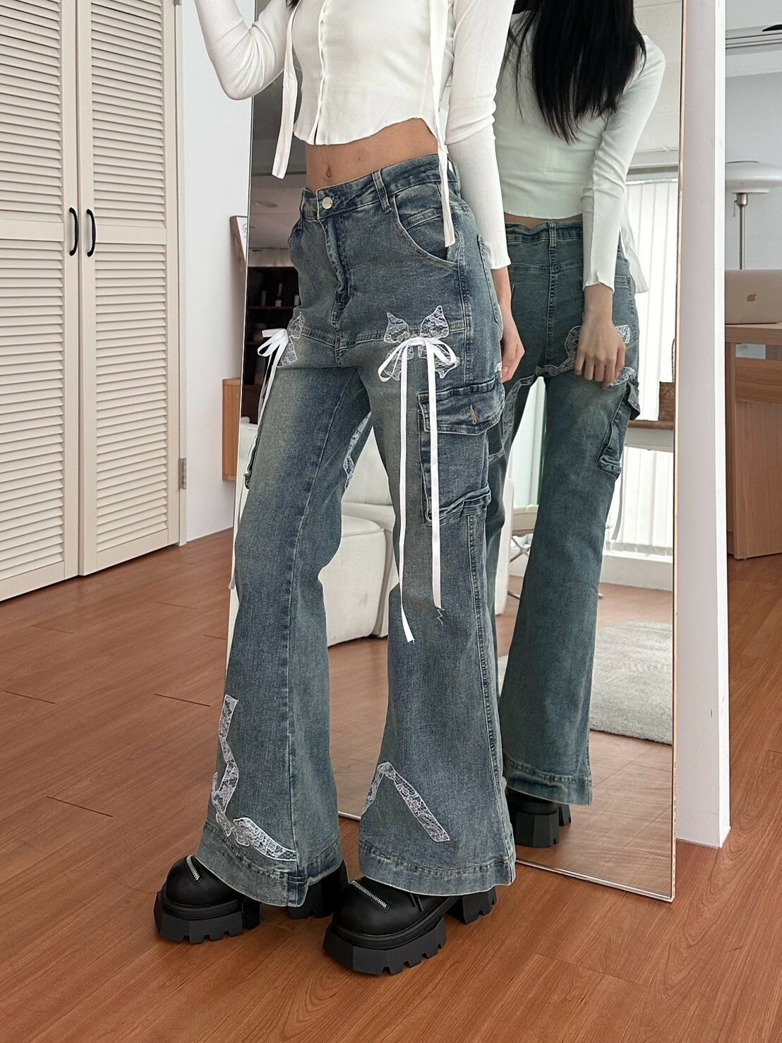 長腿比例💦藍色# 蕾絲綁帶蝴蝶結修身微彈喇叭褲