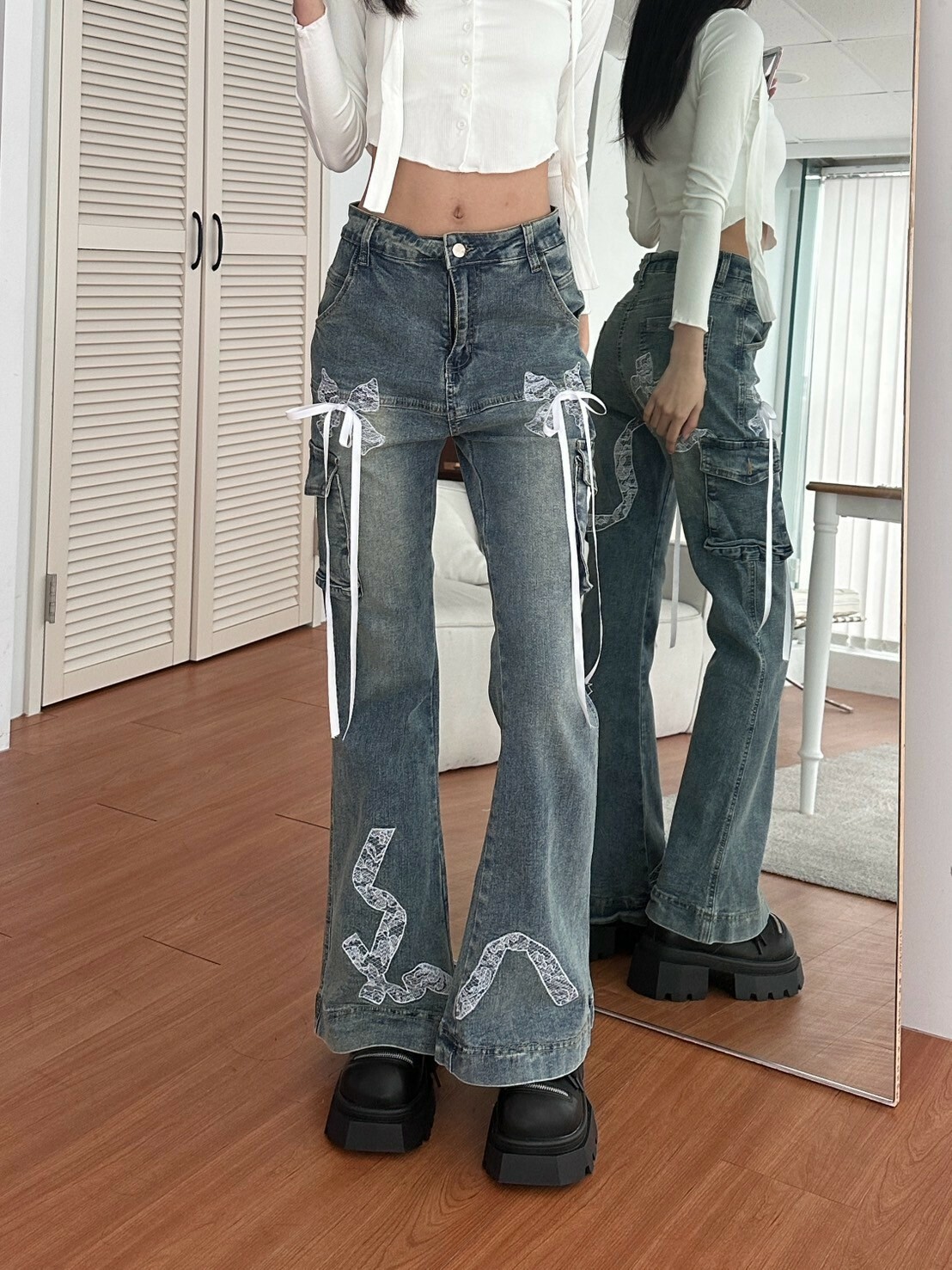 長腿比例💦藍色# 蕾絲綁帶蝴蝶結修身微彈喇叭褲