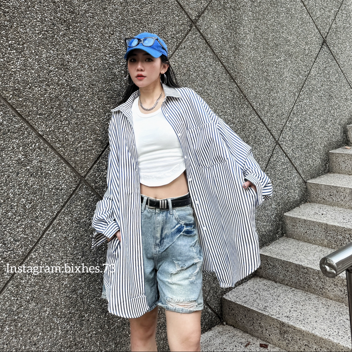 BIXHES 自訂款條紋寬版口袋大襯衫(G00051)