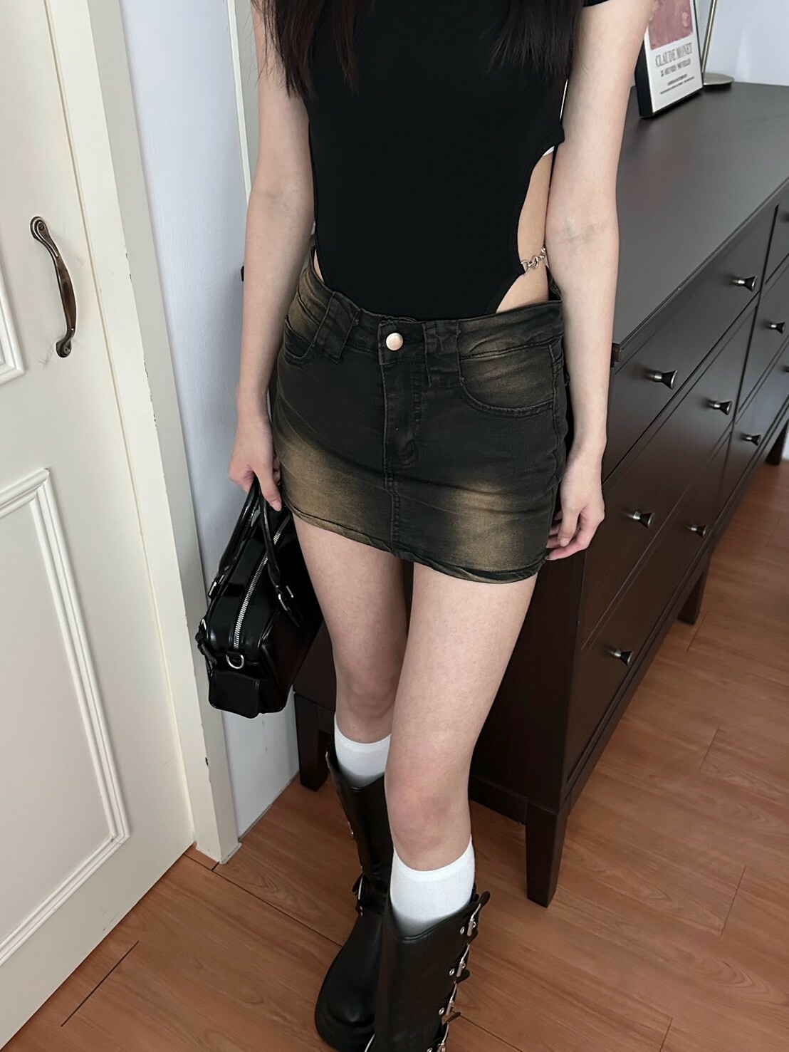 出街辣妹 美式刷色 包臀A字牛仔短裙