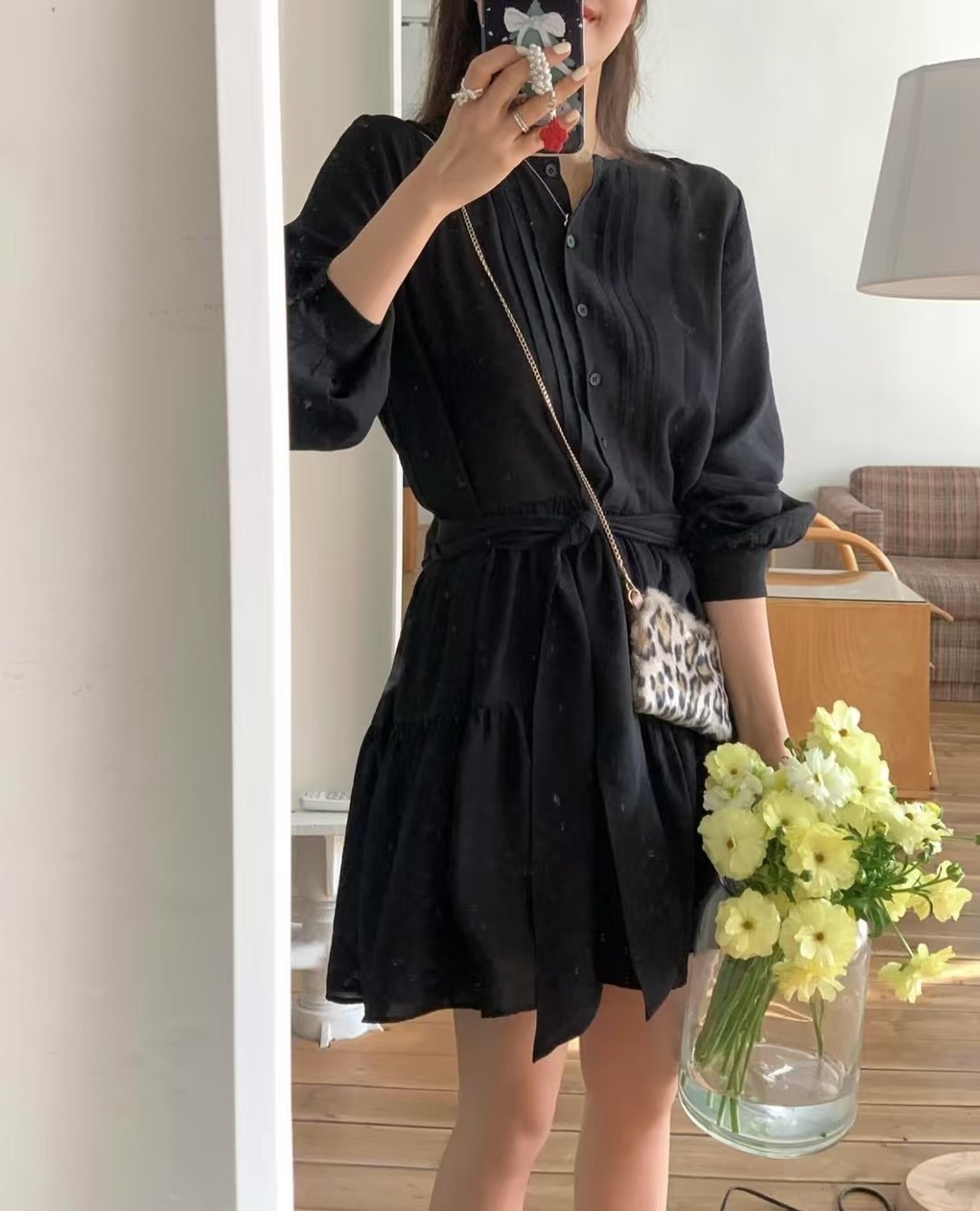 Silk pleated belted dress