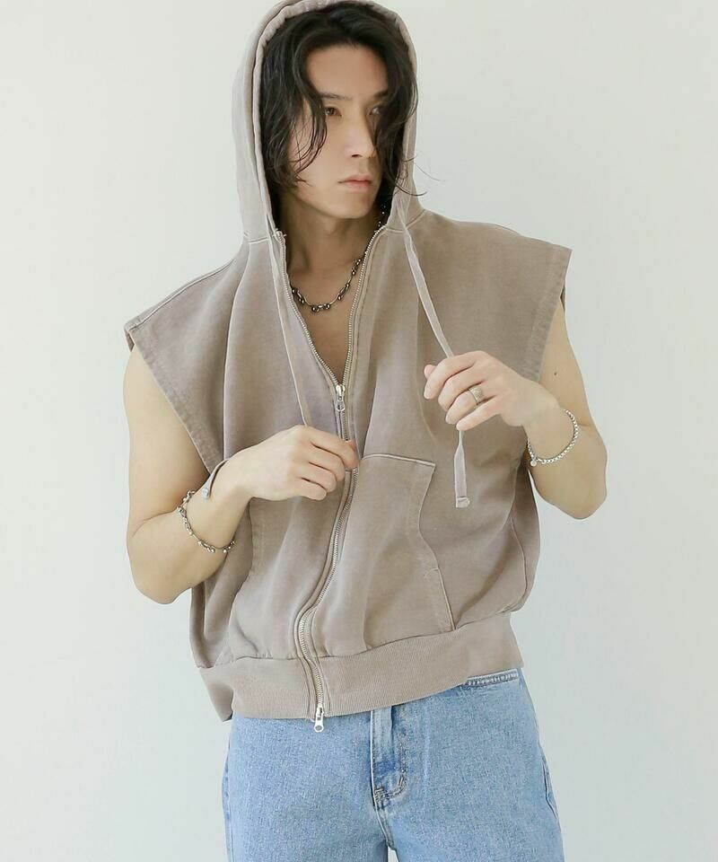 著色水洗連帽拉鍊背心