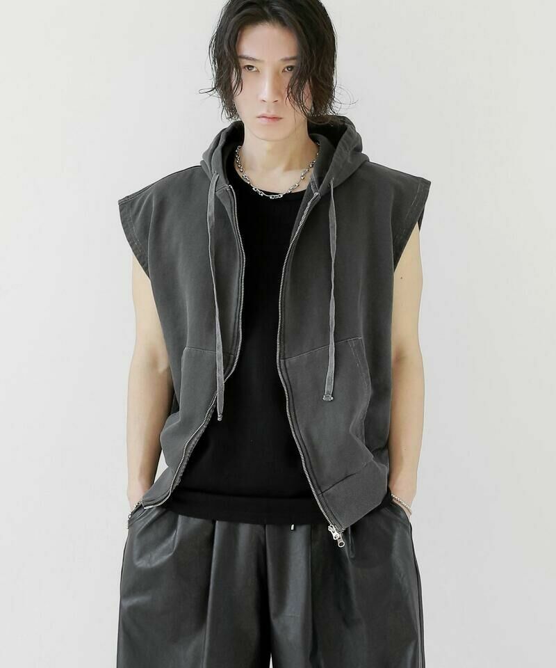 著色水洗連帽拉鍊背心