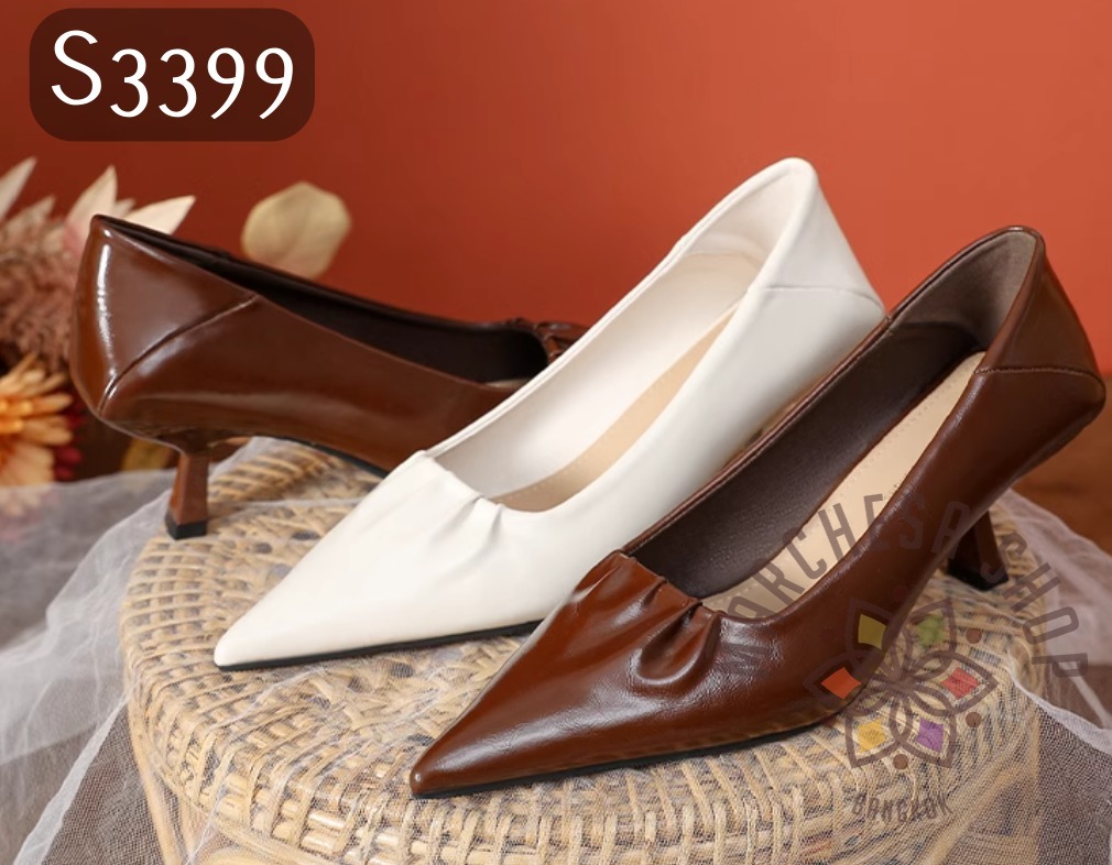 S3399 - 簡約羊皮皺摺尖頭高踭鞋