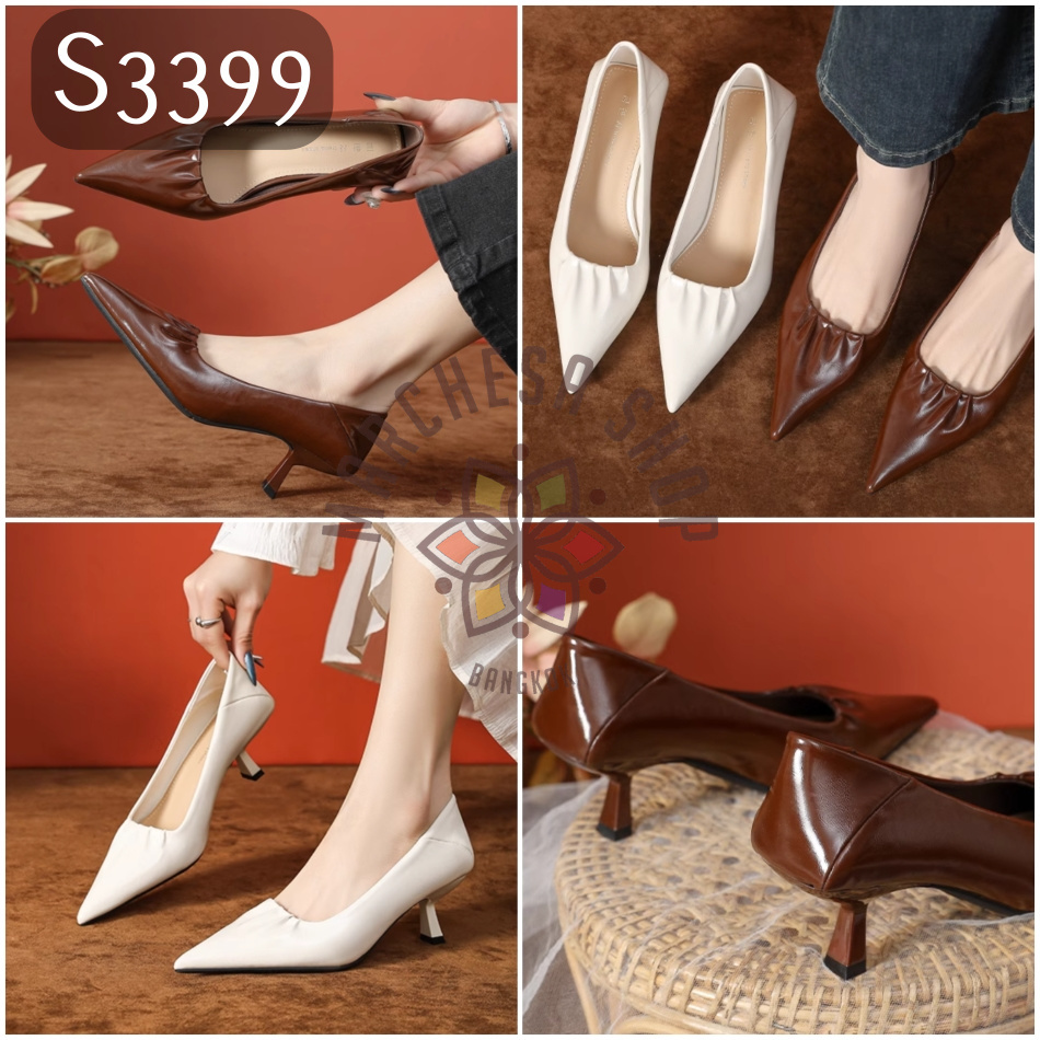 S3399 - 簡約羊皮皺摺尖頭高踭鞋