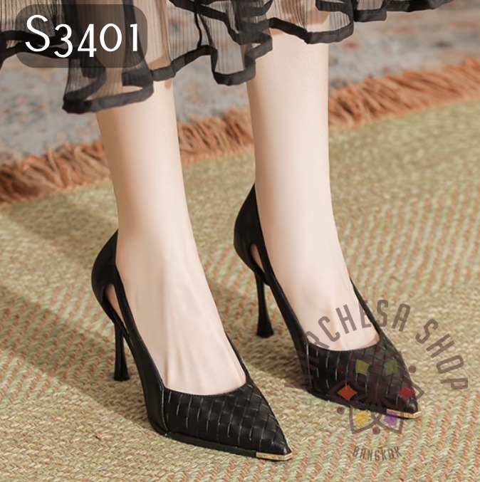 S3401 - 羊皮編織縷空尖頭高踭鞋 (三種高度)