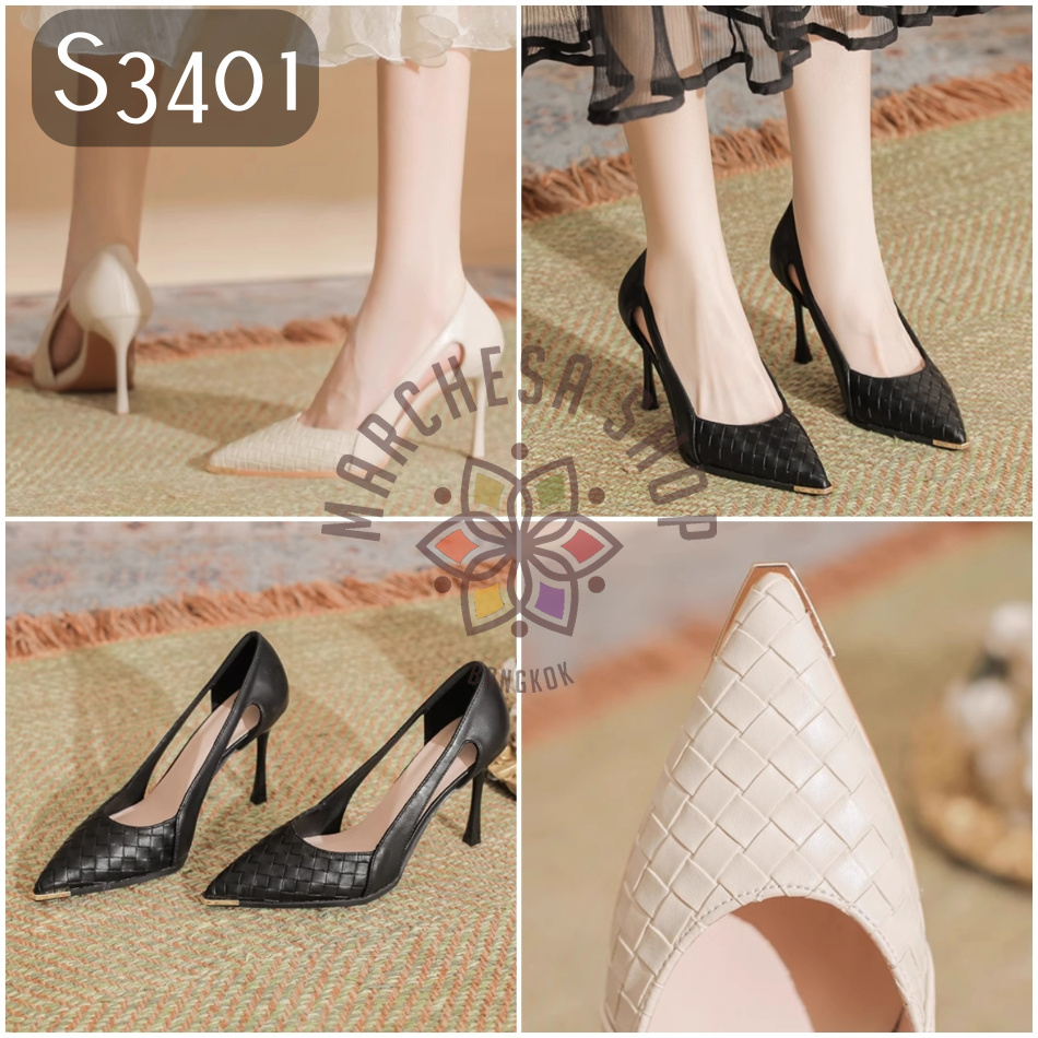 S3401 - 羊皮編織縷空尖頭高踭鞋 (三種高度)
