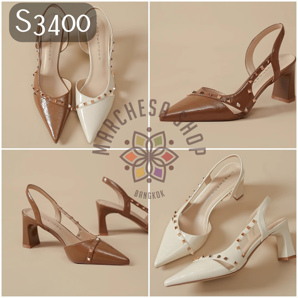 S3400 - 簡約羊皮鉚釘側帶尖頭高踭涼鞋