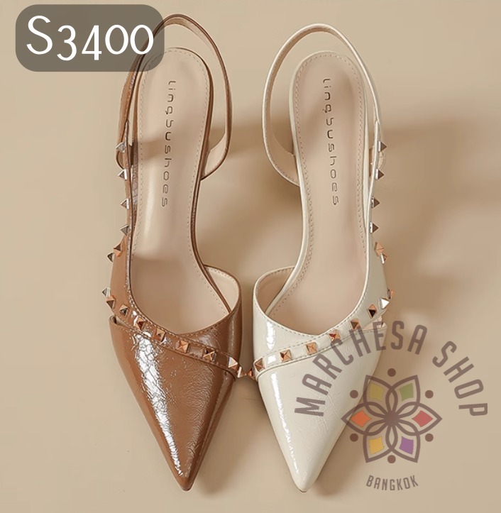 S3400 - 簡約羊皮鉚釘側帶尖頭高踭涼鞋