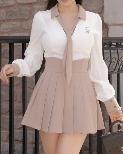 訂製-高腰純色百褶褲裙