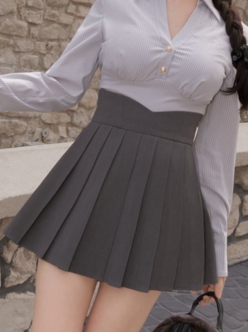 訂製-高腰純色百褶褲裙
