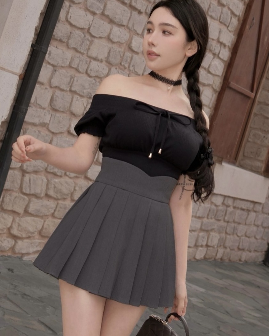 ⭒訂製-甜美一字領綁帶短上衣