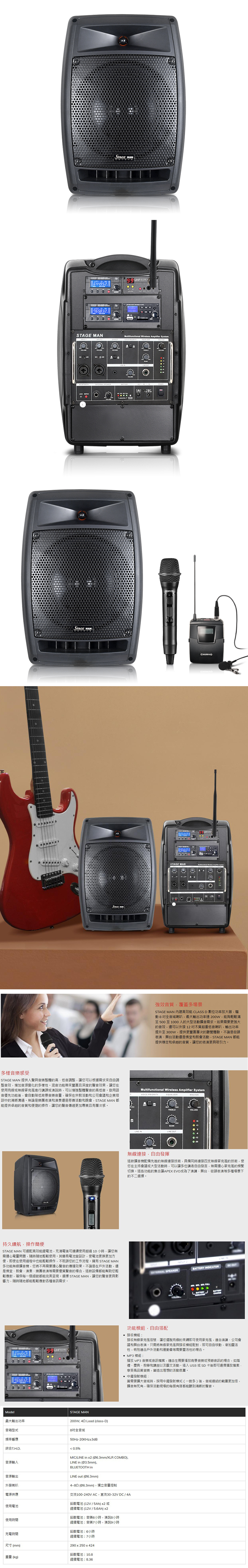 UHF64452001-001STAGE MANSTAGE MANMultifunctional Wireless Amplifier SystemSTAGE MANSTAGE MANCHIRYO強效音質覆蓋多場景STAGE MAN 能 CLASS D 數位功率放大器驅動8全音域喇叭最大輸出功率200W能夠輕鬆滿足500至1000人的大型活動擴音需求如果需要更強大的音效還可以外接12超重低音喇叭,輸出功率提升至300W,提供更豐富層次的聽覺體驗不論是街頭表演舞台活動還是佛堂和教會活動,STAGE MAN 都能提供穩定和卓越的音質,讓您的表演更具吸引力。多樣音樂感受STAGE MAN 提供人聲與音樂整體的高低音調整,讓您可以根據需求來自由調整音效,增加音源變化的多樣性。混音功能帶來豐富且深度的聲音效果,讓您在使用或無線麥克風進行講課或演說時,可以增強整體聲音的高低音。啟用語音優先功能後,會自動降低背景音樂音量,確保在宗教活動和公司會議和企業培訓中的清晰溝通。無論是樂團表演和演奏還是慈善活動和晚會,STAGE MAN 都能提供卓越的音質和便捷的操作,讓您的聲音傳遞更加專業且有層次感。Multifunctional Wireless Amplifier SystemVOICE PRIORITY EQUALIZER持久續航,操作簡便STAGE MAN 可選配高效能鋰電池,充滿電後可連續使用超過10小時,讓您無需擔心電量問題,隨時隨地輕鬆使用。其電池室設計,使電池更換更加方便,即使在使用過程中也能輕鬆操作,不耽誤您的工作流程。擁有 STAGE MAN多功能無線擴音機,您將不再需要擔心聲音的傳播效果。不論是在戶外活動,還是佛堂教會、演奏、樂團表演等需要優質聲音的場合,這款設備都能幫助您輕鬆應對,確保每一個細節都能完美呈現。選擇 STAGE MAN,讓您的聲音更具影響力,隨時隨地都能輕鬆應對各種音訊需求。644952ModelSTAGE MAN最大輸出功率200W,  Load (class-D)音箱型式8全音域頻率響應50Hz-20KHz±3dB綜合TH.D. 0.5%音源輸入BASS  OUTVOLUME無線連接,自由發揮這款擴音機配備先進的無線連接技術,具備同時連接四支無線麥克風的技術,使您在主持會議或大型活動時,可以讓多位講者自由發言,無需擔心麥克風的頻繁切換。這些功能的集合讓APEX EVO成為了演講、舞台、街頭表演等多種場景下的不二選擇。INPUT SPEAKER INDICATOR功能模組,自由搭配BATTERYVOLUCHARGE 接收模組接收無線麥克風信號,讓您有線的束縛即可使用麥克風,適合演講、公司會議和舞台表演,只需將無線麥克風與接收模組配對,即可自由移動,增加靈活性,特別適合戶外活動和運動會等需要靈活性的場合。 MP3 模組播放 MP3 音樂或音訊檔案,適合在需要播放背景音樂或預錄音訊的場合,如婚禮、慶典、教學和講座以及藝文活動。插入USB 或 SD卡後即可選擇播放檔案,享受高品質音樂,營造出理想的活動氛圍。 中繼發射模組當需要擴大音域時,採用中繼發射模式(一對多)後,音域連結的範圍更加倍,擴音無死角,確保活動現場的每個角落都能聽到清晰的聲音。MIC/LINE   (Ø6.3mm/XLR COMBO).LINE in (Ø3.5mm).BLUETOOTH in音源輸出外接喇叭電源供應使用電池使用時間充電時間尺寸(mm)重量 (kg)LINE out (Ø6.3mm)4 (Ø6.3mm),獨立音量控制交流100-240VAC,直流30-32VDC/4A鉛酸電池 (12V / 5Ah) x2 或鋰鐵電池 (12V/5.6Ah) x2鉛酸電池:音樂6小時,演說8小時鋰鐵電池:音樂7小時,演說9小時鉛酸電池:6小時鋰鐵電池:7小時290x250x424鉛酸電池:10.8鋰鐵電池:8.36