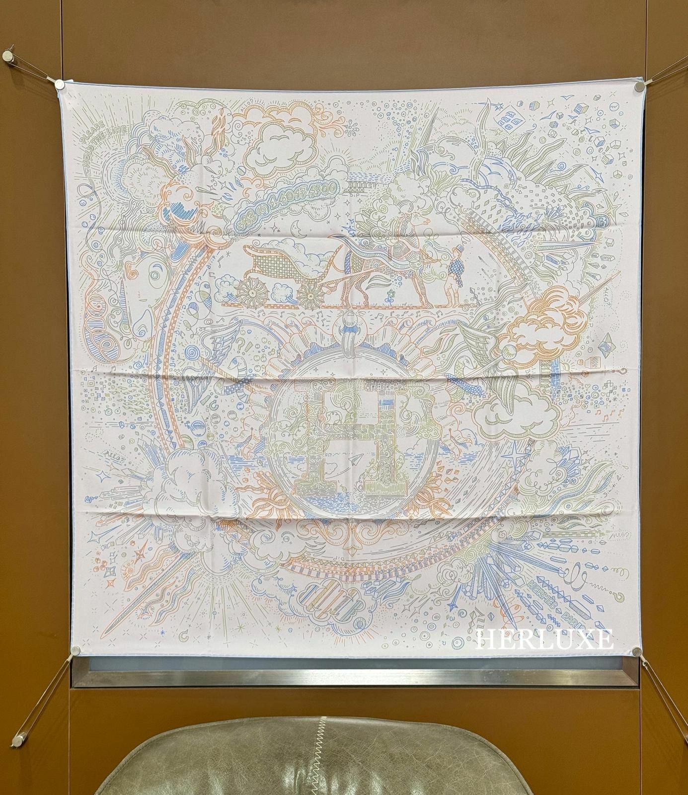 Please hold the line scarf 100%soie 90x90cm rose pâle / bleu ciel / orange