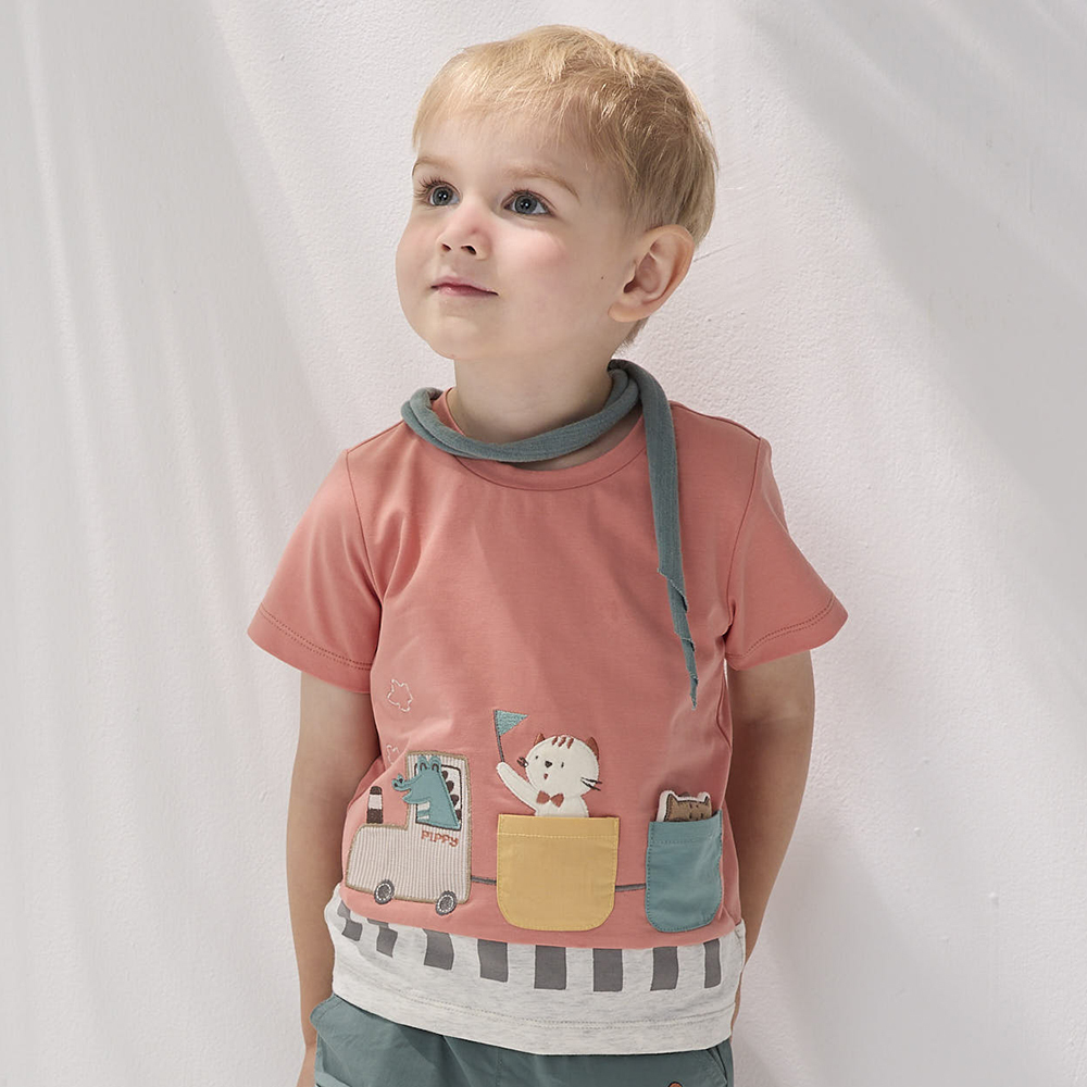 PIPPY可愛動物搭火車出遊記袖短袖上衣 桔