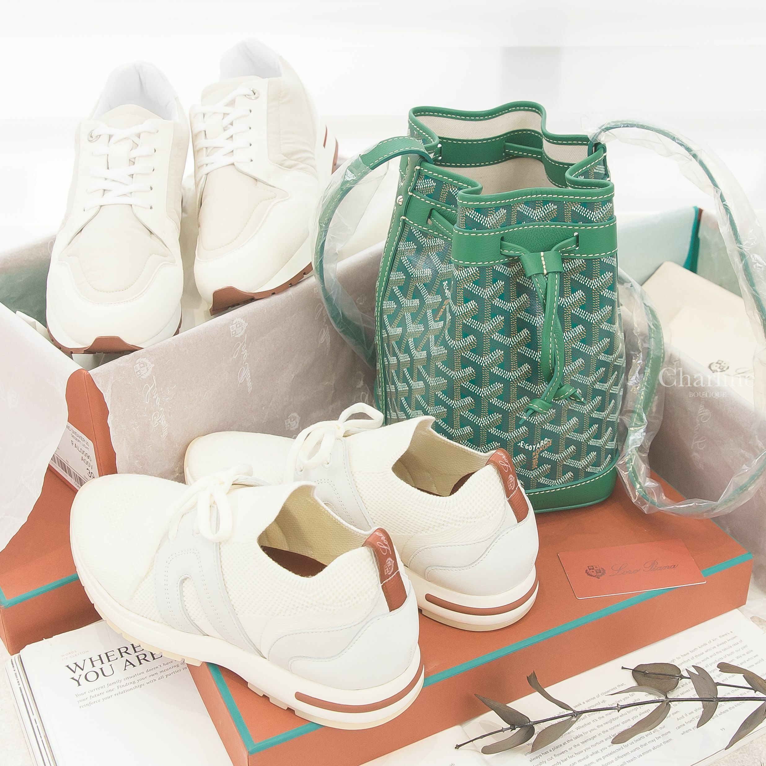 Goyard Petit Flot Bucket Bag 綠色帆布小牛皮同色肩帶水桶肩背包,Loro Piana My Wind Sneaker 沙漠亮白尼龍拼麂皮運動鞋,白色針織羊毛拼麂皮運動鞋-Charline Boutique 精品代購