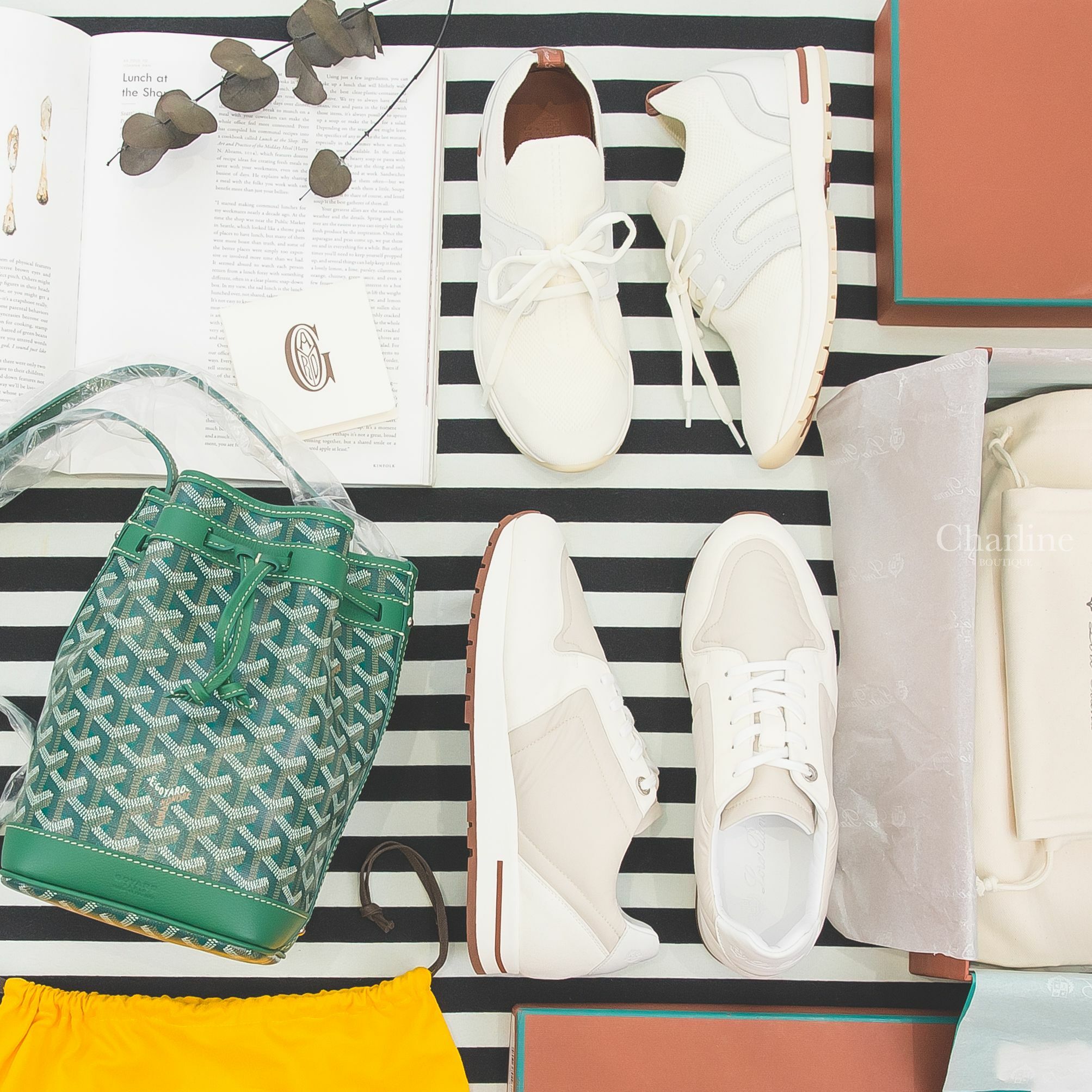 Goyard Petit Flot Bucket Bag 綠色帆布小牛皮同色肩帶水桶肩背包,Loro Piana My Wind Sneaker 沙漠亮白尼龍拼麂皮運動鞋,白色針織羊毛拼麂皮運動鞋-Charline Boutique 精品代購