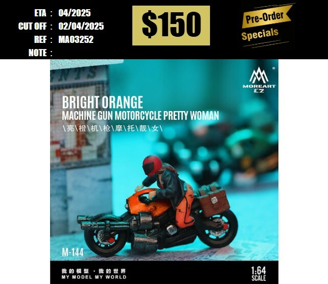 PO-$150 * MOREART * 1:64 FIGURE - BRIGHT ORANGE MACHINE GUN MOTORCYCLE PRETTY WOMAN(MO222145) [OD25/03]