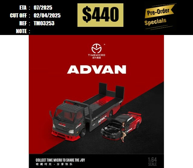 PO-$440 * TIME MICRO * 1:64 NISSAN SKYLINE GT-R R34 Z-TUNE ADVAN W/FIGURE + TOW TRUCK [OD25/03]