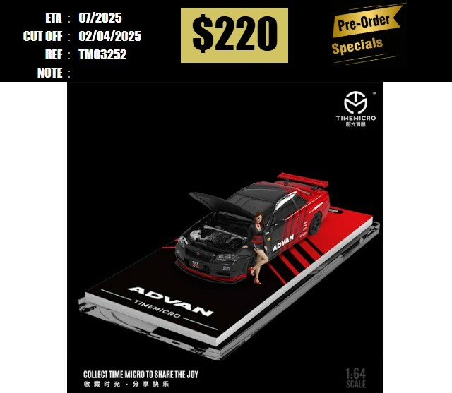 PO-$220 * TIME MICRO * 1:64 NISSAN SKYLINE GT-R R34 Z-TUNE ADVAN W/FIGURE [OD25/03]