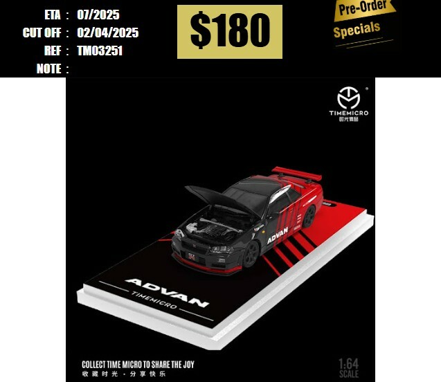 PO-$180 * TIME MICRO * 1:64 NISSAN SKYLINE GT-R R34 Z-TUNE ADVAN [OD25/03]