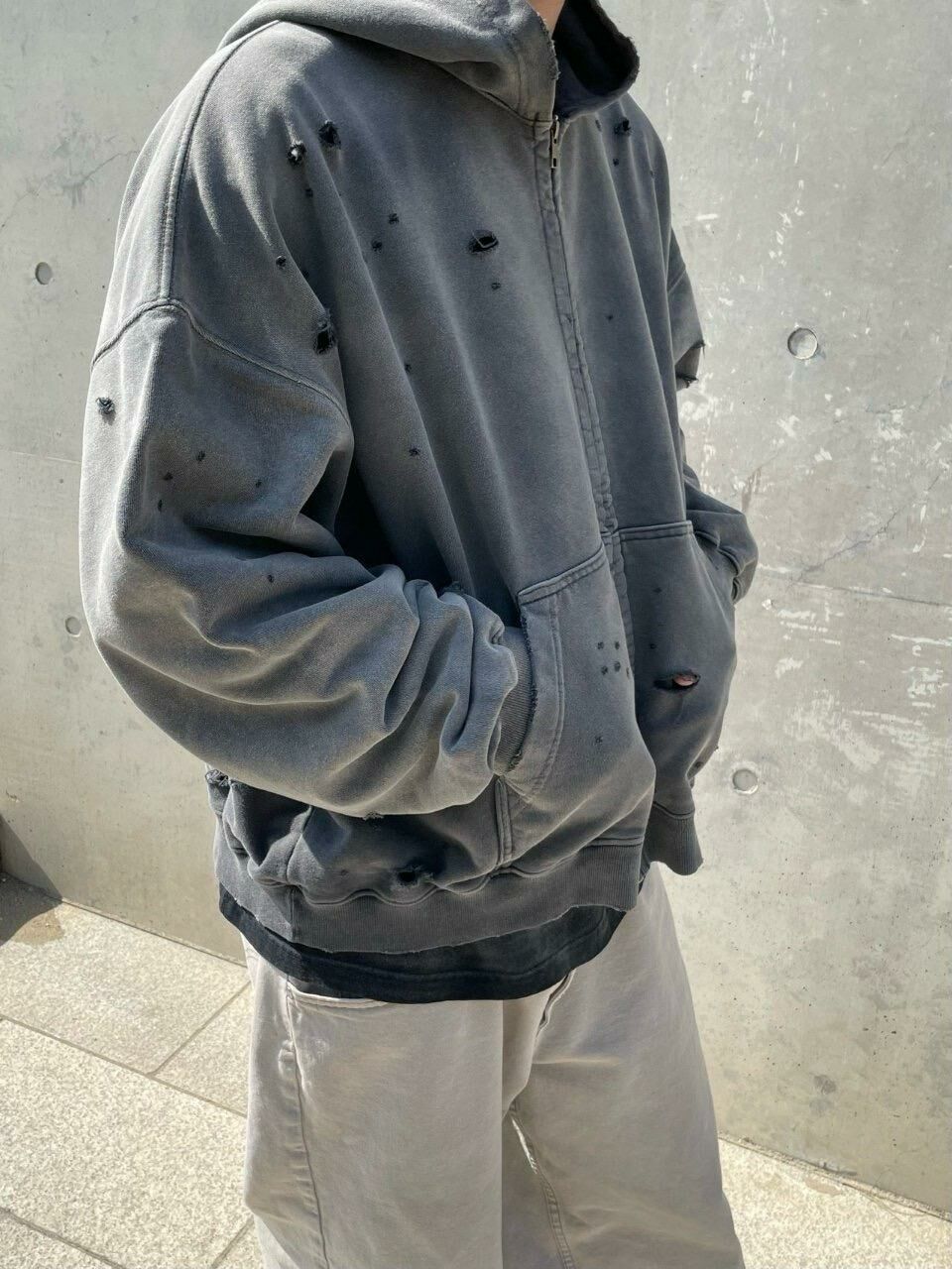 洗水淨色破洞連帽拉鍊外套 ARCHIVE-329JK