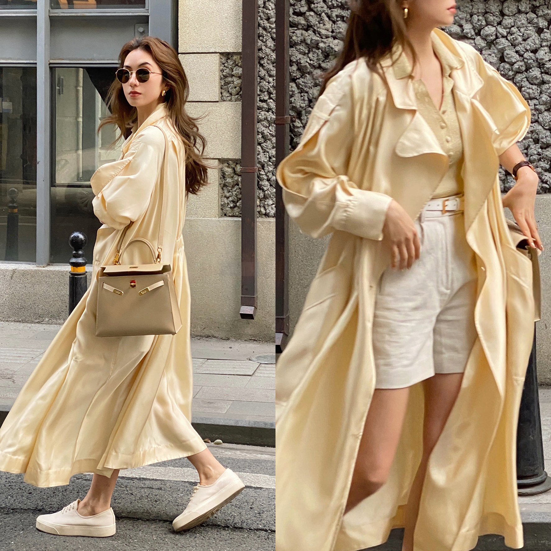 奶油杏垂墜造型附綁帶長版風衣外套S-M (Elegant & Love)