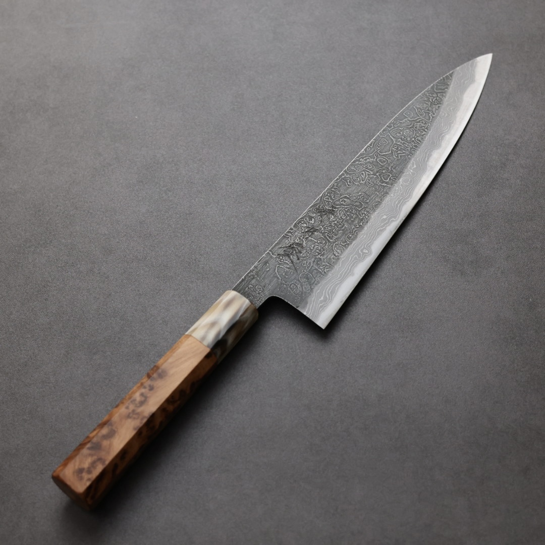 日野浦刃物 味方屋 牛刀 210mm 白紙鋼 黑打鍛地墨流