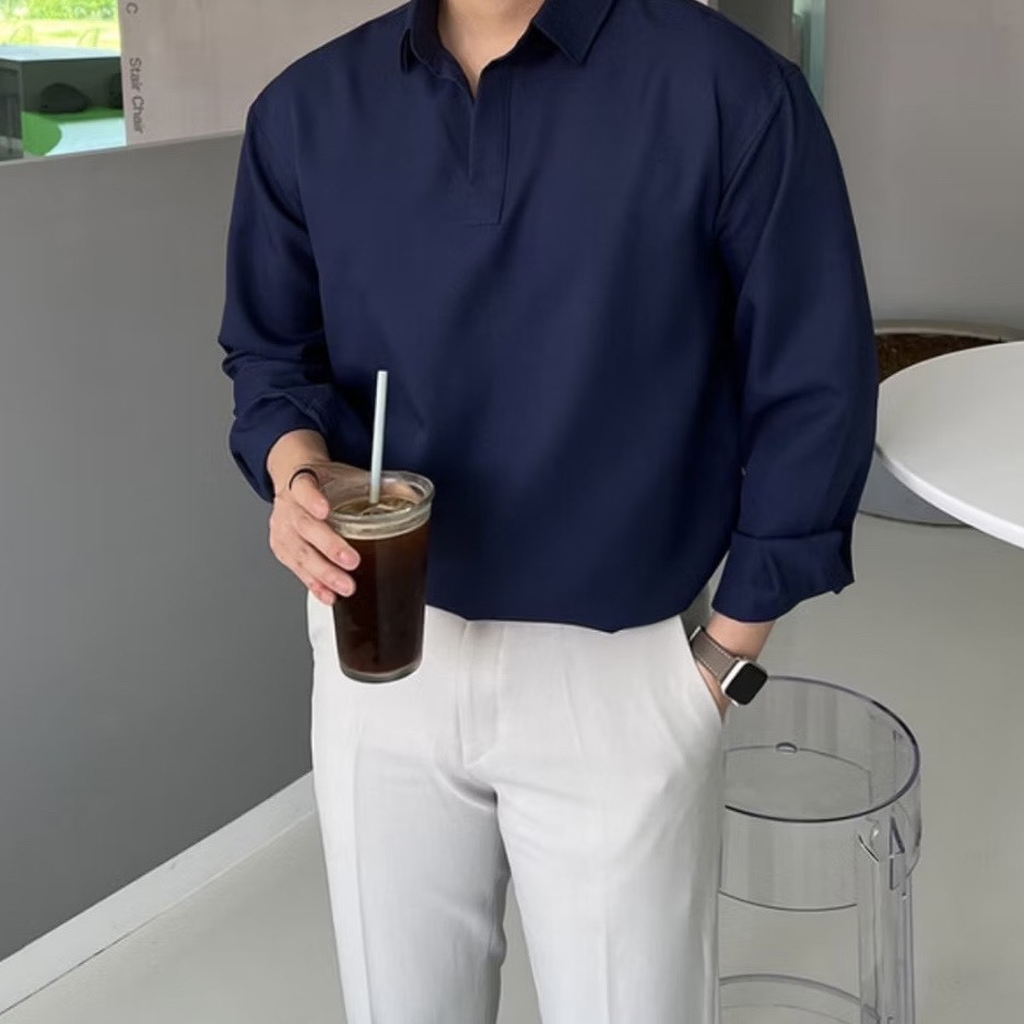 素色薄款長袖尖領襯衫