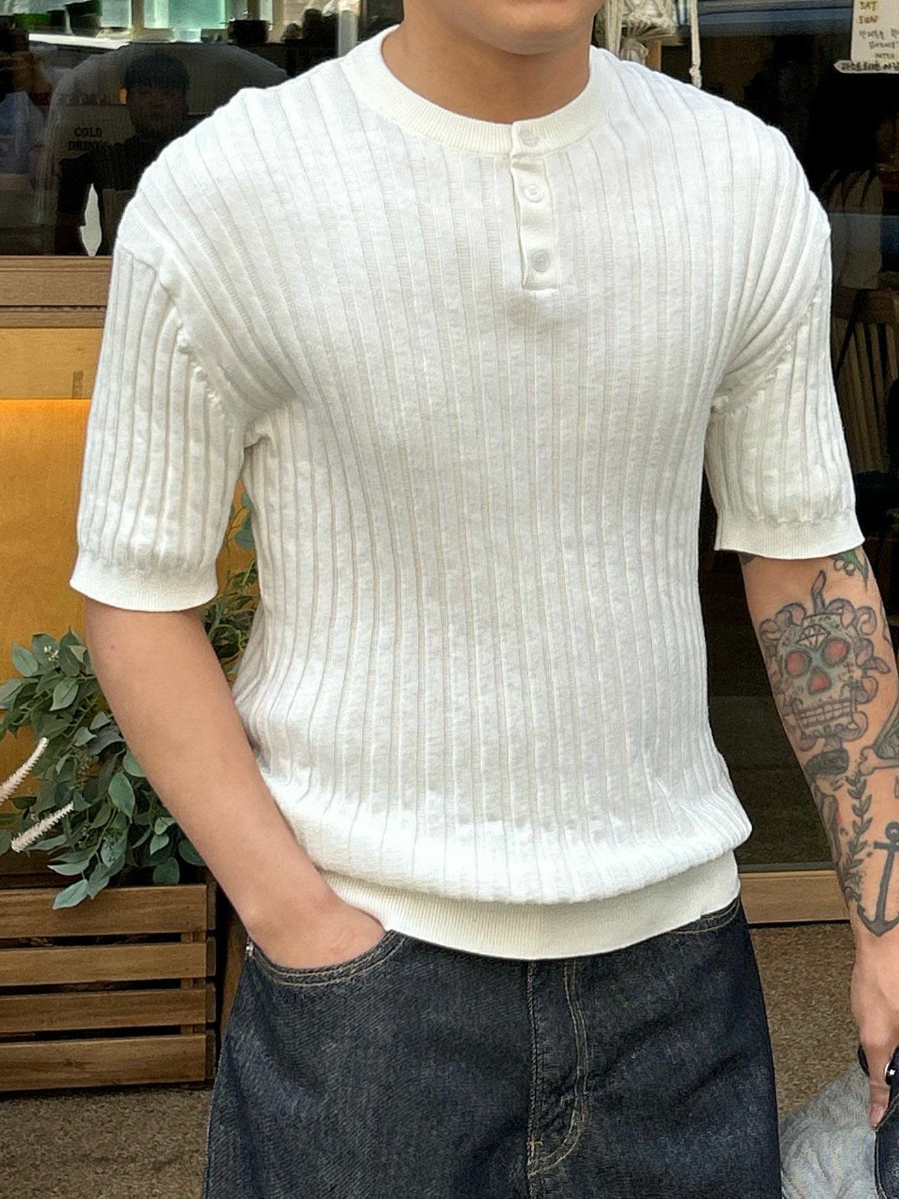 淨色暗直紋針織短袖Tee Veil-023T