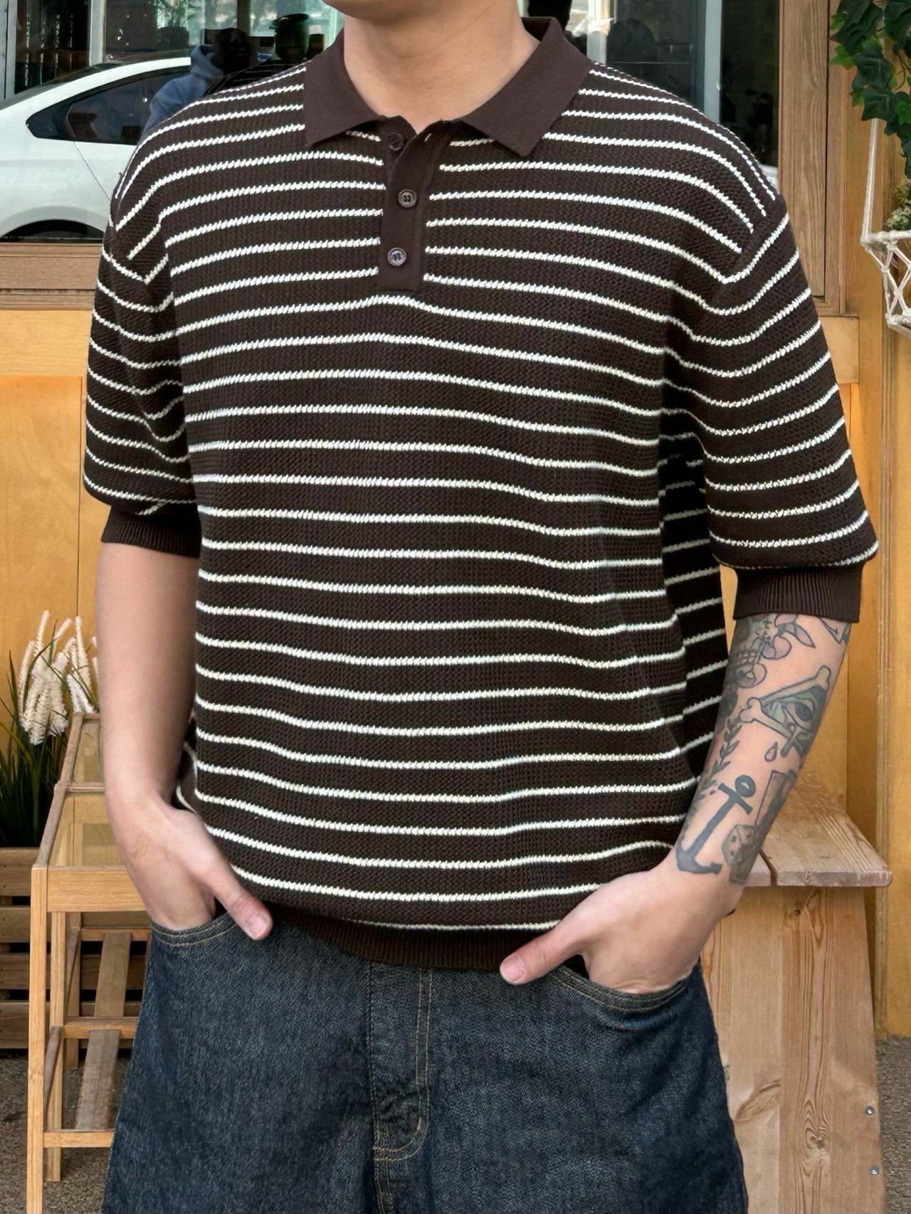 橫間針織短袖Polo Tee Veil-024T