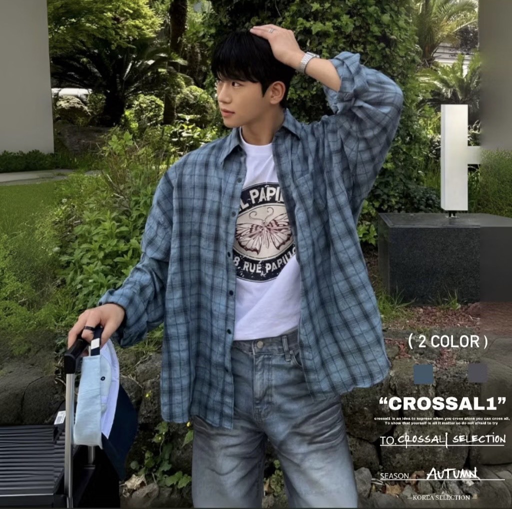 微褶皺格紋長袖襯衫