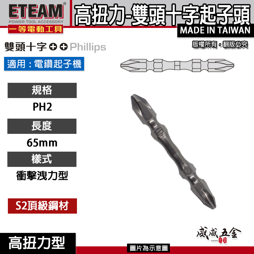 1支｜ETEAM 一等 台灣製｜PH2 長65mm 高扭力起子頭 耐衝擊高扭力雙十字起子頭 雙十字頭｜X65