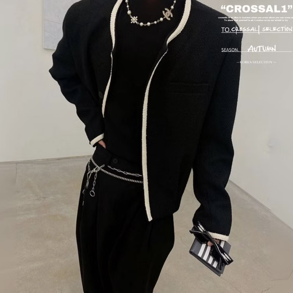 撞色短款小香風外套