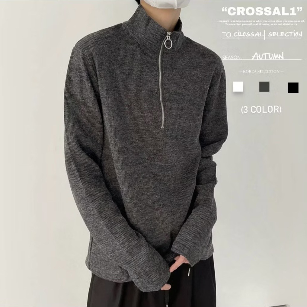 拉鍊針織素面長袖上衣