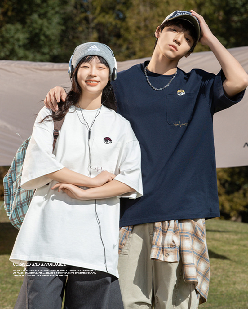 復古刺繡厚磅落肩口袋短TEE