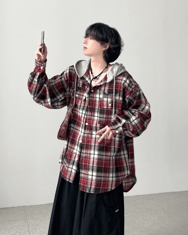 格紋連帽長袖襯衫