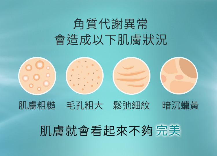 角質代謝異常會造成以下肌膚狀況:肌膚粗糙、毛孔粗大、鬆弛細紋、暗沉蠟黃,肌膚就會看起來不夠完美