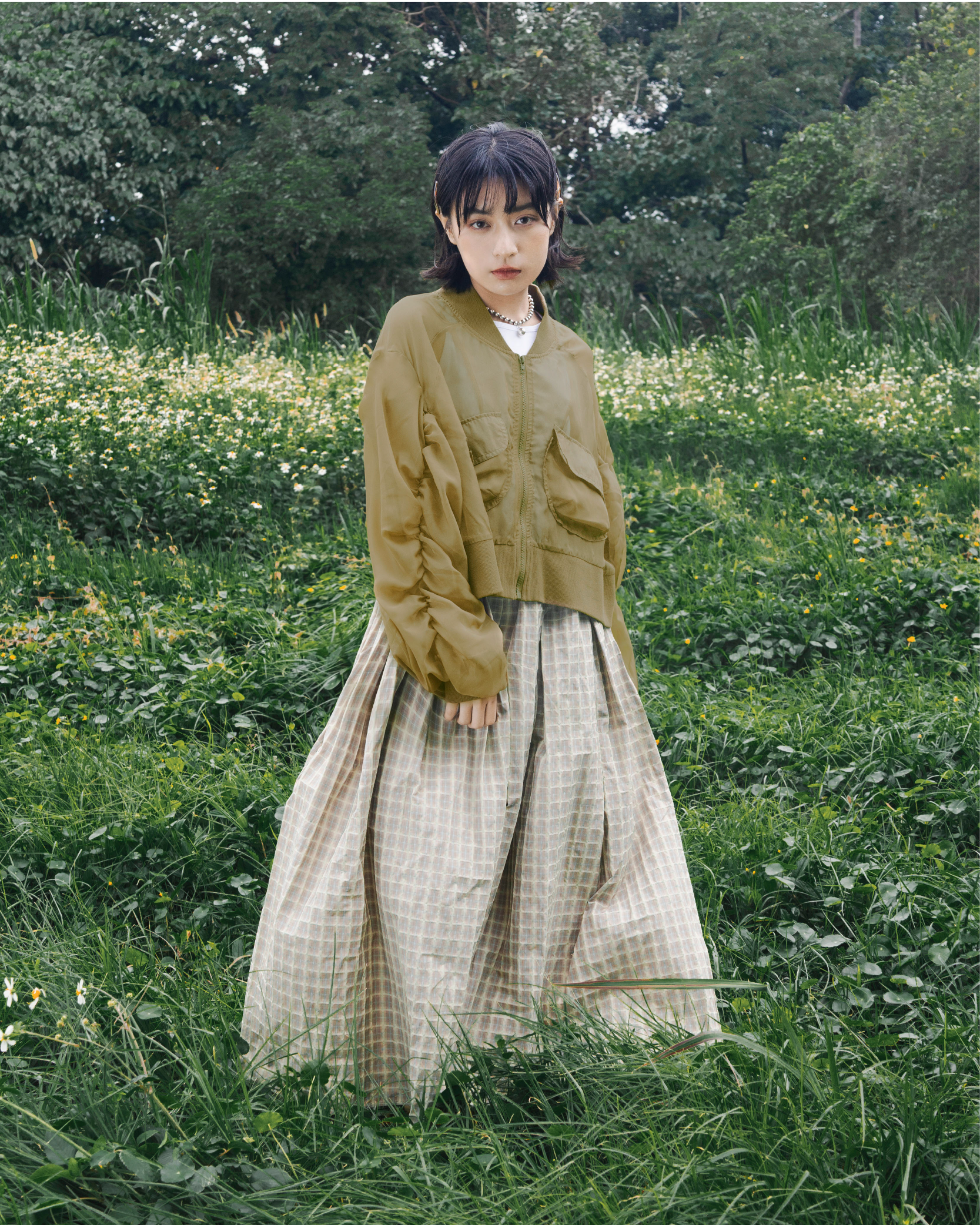 【 Kiki.co made 】see-through wrinkles crop jacket - olive